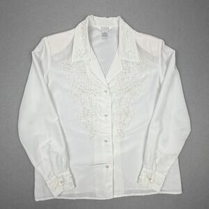 Vintage Sellecca White Soutache Pearl Embroidered Button Down Blouse Womens 12